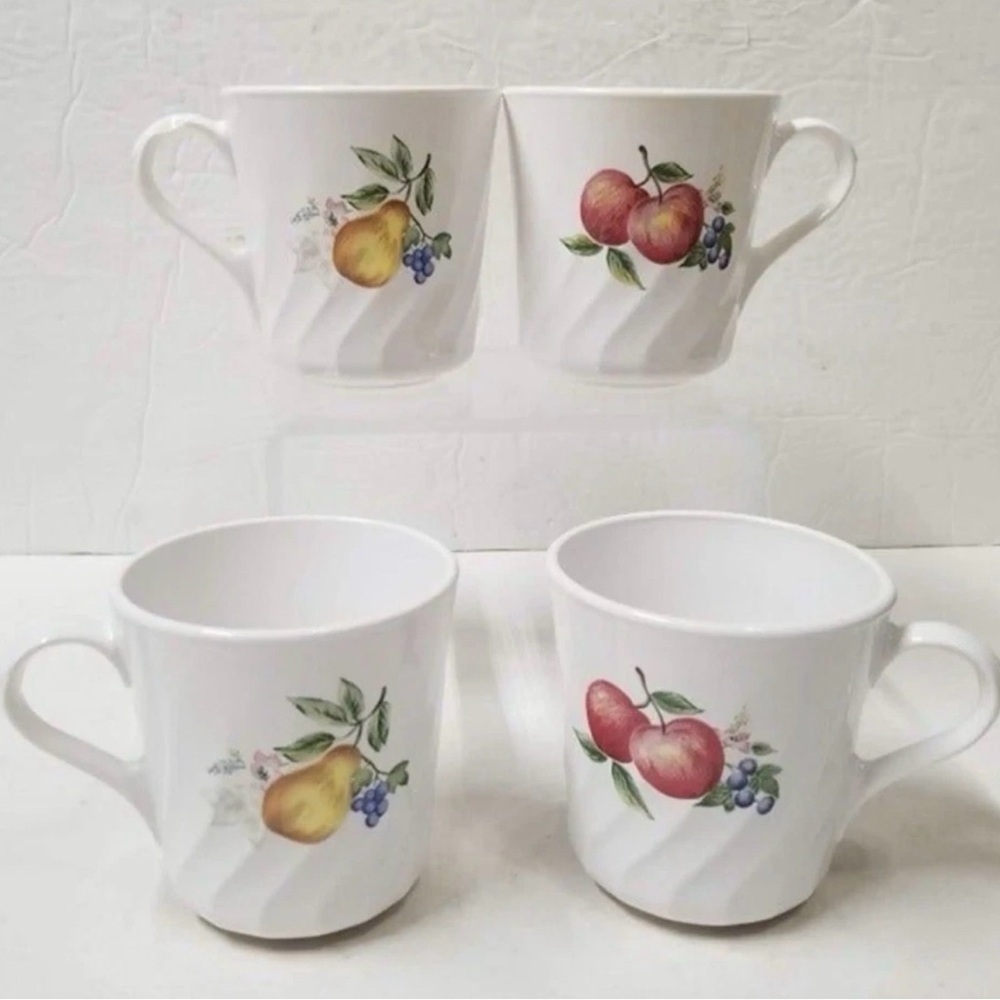 Corelle White Fruit-Patterned Mugs - Pear & Apple Designs, Set of 4